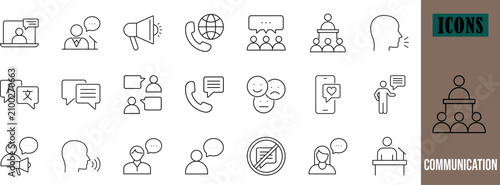 Online communication vector outline icons. megaphone icon set, speech bubble icon set, phone icon set