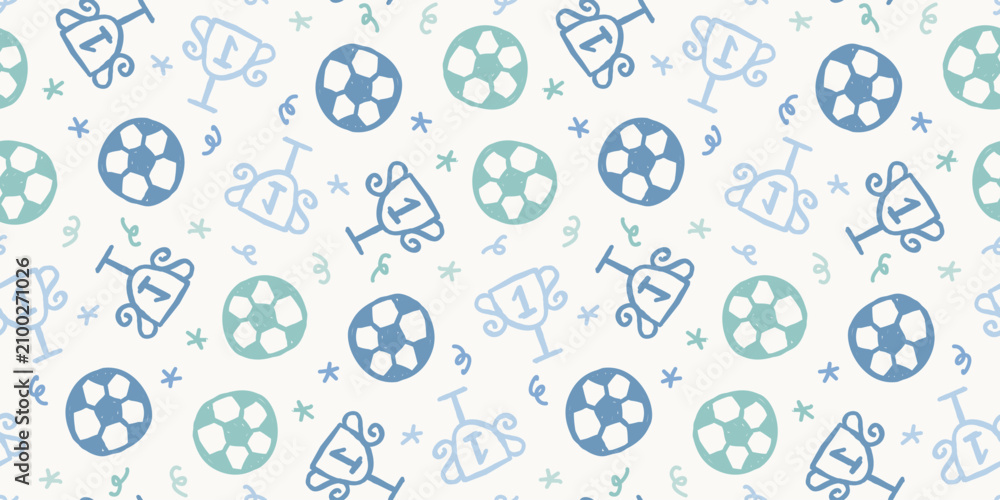 Obraz premium Seamless background pattern with dense hand drawn cute blue football soccer balls and trophies 