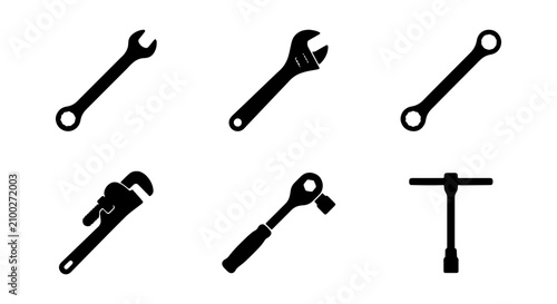 Set of 6 Black Silhouette Tools: Wrenches, Ratchet, Pipe Wrench, Socket Wrench