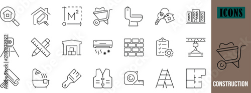 Construction home renovation vector icons. house icon set, paint roller icon set, keys icon set