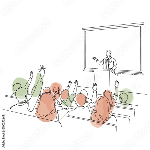 Speaker and Audience Presentation. Line Art Drawing. Vector Icon