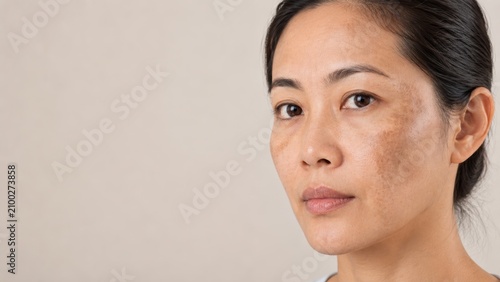 Close-up portrait of woman with natural skin condition looking at camera with calm expression, neutral background