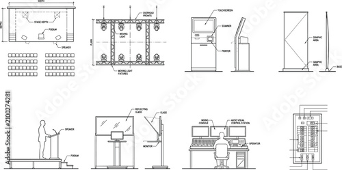 Fotografie Event Technical Production Plan and Audio Visual Equipment Layout Vector Line Ic
