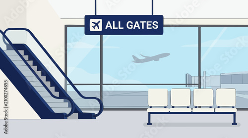 Φωτογραφία Modern airport terminal interior with escalator, seating, and plane view