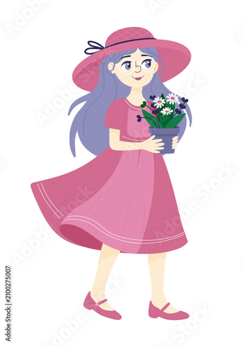 Cute Girl in Pink Dress Holding a Flower Pot Illustration