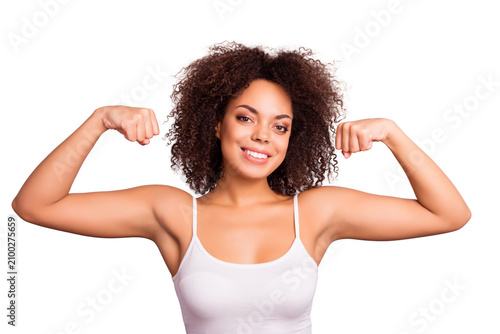 Cuadro en lienzo Portrait of attractive, charming, athletic, pretty, strong, positive woman showi