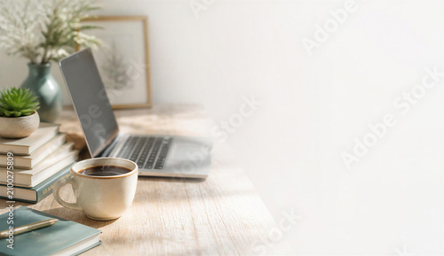  A workspace featuring a laptop, a steaming cup of coffee, and a stack of books on a desk.