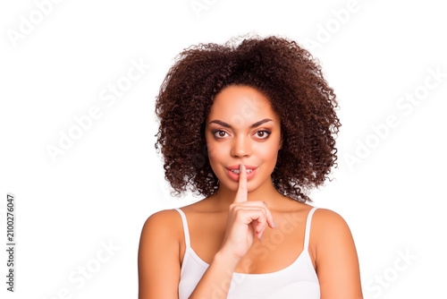 Canvastavla shhh! Portrait of brunette attractive stylish successful confident pretty charmi