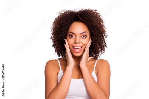 Cuadro en lienzo Portrait of pretty, charming, astonished, nice girl with unexpected, unbelievabl