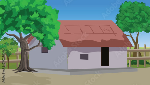Canvas Print Rural landscape illustration highlighting a single clay house with a reddish-brown thatched roof positioned directly behind a large leafy tree in an Indian village