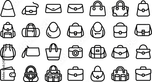 A comprehensive collection of twenty-four minimalist outline style icons representing various types of handbags, backpacks, wallets, and travel bags on a clean white background.