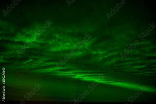 Emerald aurora and patterned night clouds lit up the horizon over open sea in Greenland
