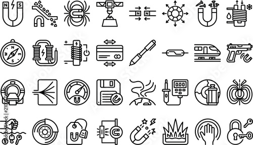 фотографія Collection of black and white line art icons depicting various magnetic principles, scientific equipment, industrial applications, and everyday magnetic field related items