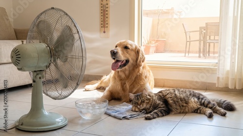 Pet Heat Protection, Dog Relaxing Beside Fan in Cozy Home Environment