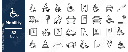 Mobility Icons Set Featuring Wheelchairs, Cars, Accessible Parking, Ramps, Mobility Scooters, Walking Aids, And Transportation Symbols, Modern Flat Vector Collection Isolated On White Background