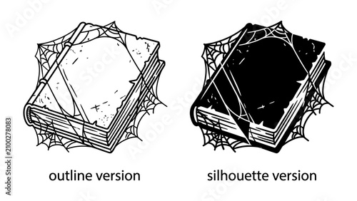 Quadro su tela Ancient Tome Under Cobwebs: Two versions, an outline and a silhouette, depict an old, weathered book encased in intricate cobwebs, hinting at forgotten knowledge or a mysterious past