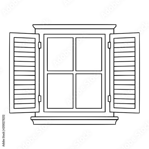 Quadro su tela Hand-traced minimalist vector illustration of a classic open shuttered window wi
