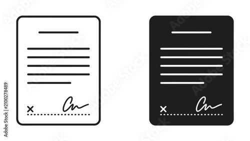 Contract Document Icon: A minimalist graphic representation of a signed contract or legal document, presented in both white and black silhouette.
