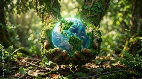 Mother nature hands holding a blue planet Earth globe representing environmental conservation care