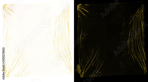 Photos Transparent plastic wrap texture set, wrinkled cling film overlay on white and b