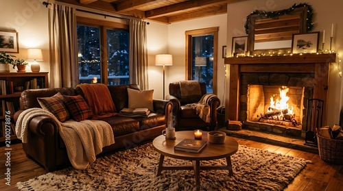 Cozy rustic living room interior with a warm fireplace leather sofa and snowy winter view at night