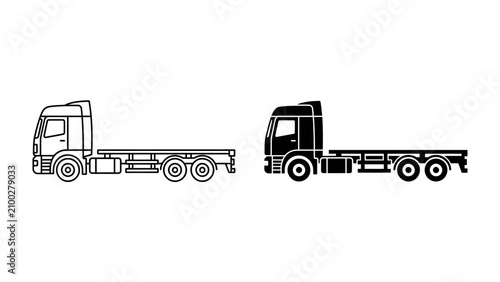 Flatbed Truck Icons: A pair of flatbed truck icons, one in outline and the other in solid black, showcase the side profile of these versatile vehicles, ideal for illustrating logistics and transport.