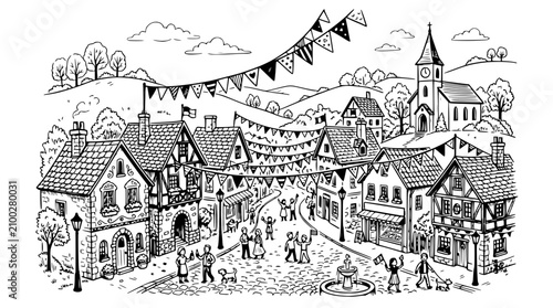 Foto Charming village street scene with festive bunting and people enjoying a sunny d