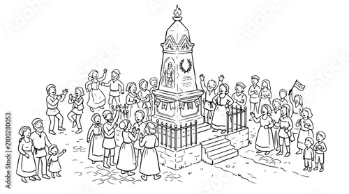 Tableau sur toile Historical Monument Celebration: People Gather Around Obelisk with Wreath and Fl