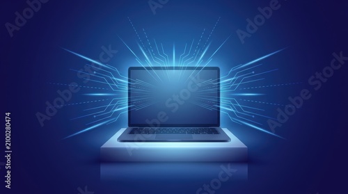 Modern laptop displaying glowing blue digital circuit lines and data connections