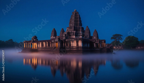 A foggy night scene featuring a brightly lit temple, evoking a sense of tranquility and mystery.