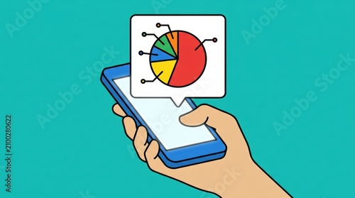 Hand holding a mobile phone displaying a colorful pie chart icon