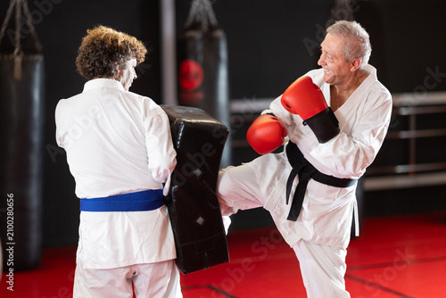 Vászonkép Elderly man in white kimono kicks and punches a punching bag held by a trainer