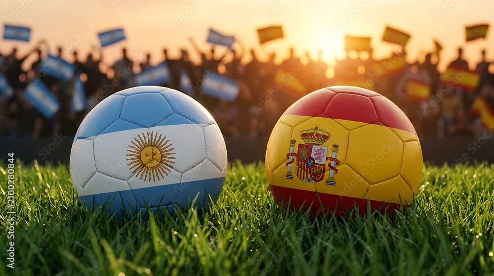 Obraz premium Two professional soccer balls featuring national flag designs of argentina and spain resting together on vibrant green stadium turf under bright illuminated floodlights in wide view.