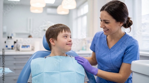 Pediatric dentist interacts with young boy with Down syndrome in dental office, bright and modern clinic environment with dental equipment visible