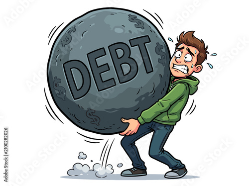 vector Man struggling to carry a large boulder labeled DEBT symbolizing financial burden and stress Isolated on transparent background