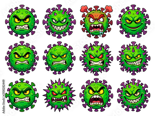 vector Collection of cartoon virus characters with angry and aggressive facial expressions and emotions Isolated on transparent background