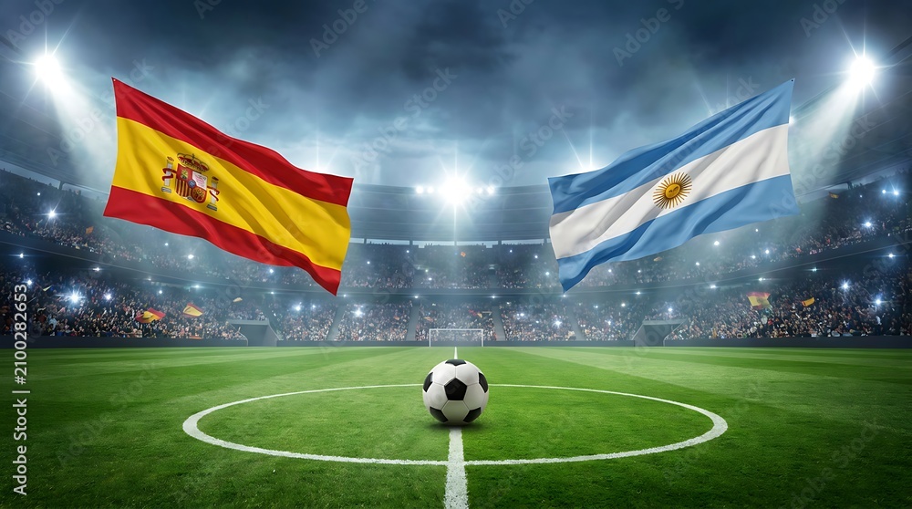 Fototapeta premium Spain vs argentina football match banner representing international soccer competition featuring flags in crowded stadium arena under bright evening lights with grass pitch and central ball.