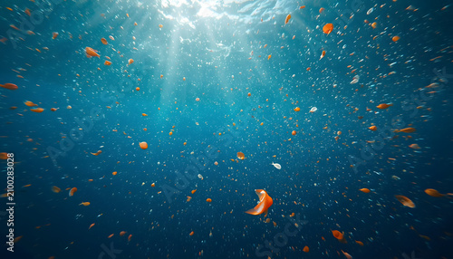 Thousands of tiny colorful microplastic particles floating underwater among plankton in a pristine blue ocean, sunlight rays penetrating water, realistic marine ecosystem, environmental crisis, ultra 