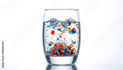 Ultra realistic macro photograph of microplastic particles suspended in a crystal clear glass of drinking water, colorful microscopic plastic fragments floating naturally, shallow depth of field, labo