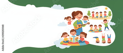 Children teacher guitar singing reading outdoor happy learning group activity cartoon illustration education fun playful preschool kindergarten