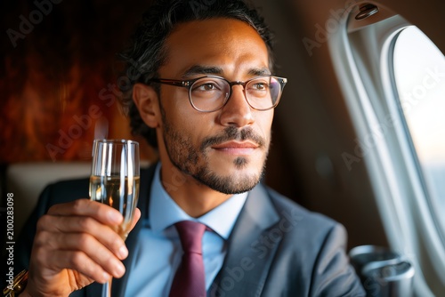 A contemplative businessman enjoying a glass of champagne on a flight, embodying luxury travel and success. The serene atmosphere and window view highlight relaxation and elegance.