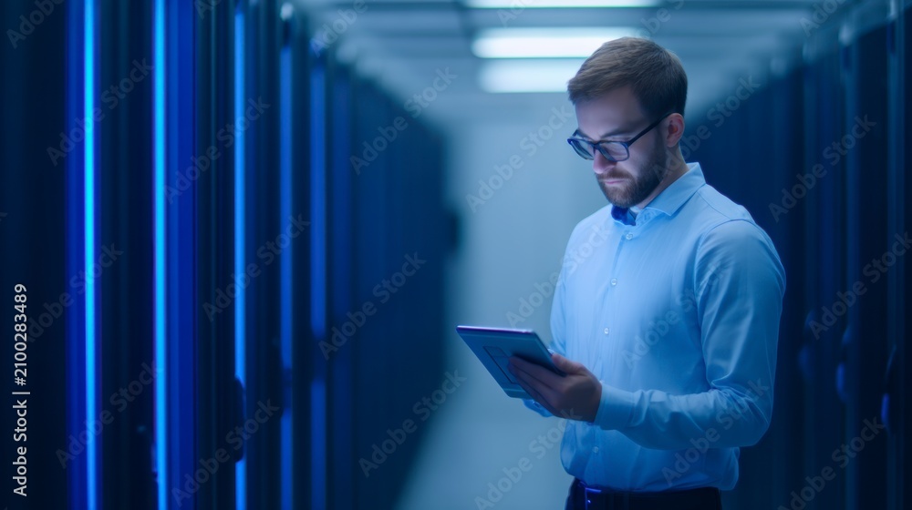 Fototapeta premium AI driven operations, A man wearing glasses stands in a server room, focused on a tablet, surrounded by racks of blue-lit servers.
