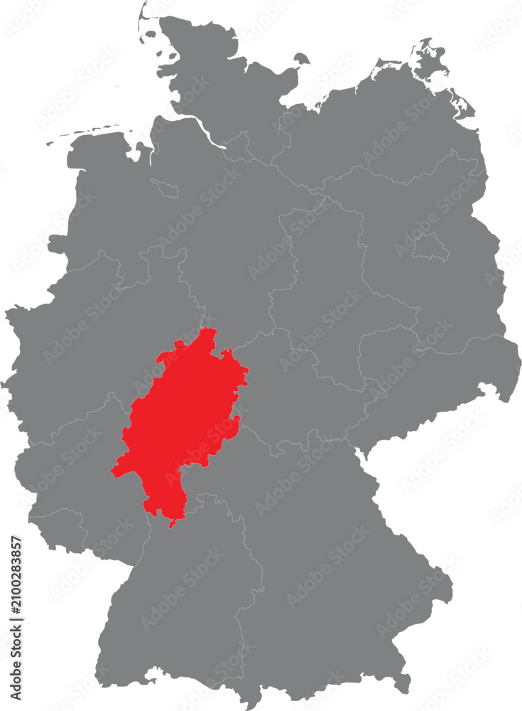 Obraz premium Map of germany highlighting the state of hesse in bright red color illustration