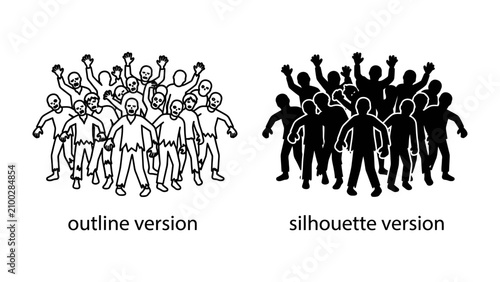 Crowd Comparison: A visual representation contrasting an outline version and a silhouette version of a crowd, demonstrating different artistic styles for depicting groups of people.