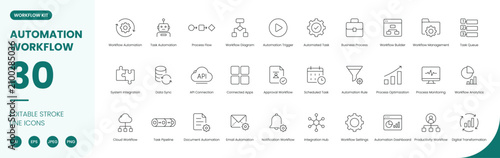 automation workflow icon line style business process editable stroke vector set