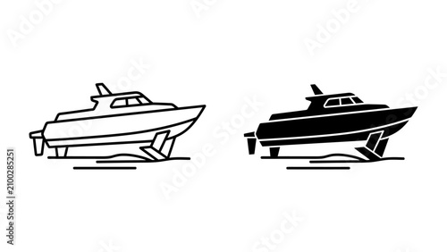 Obraz na plátně Hydrofoil Boat Icon: A graphic illustration showcasing a hydrofoil boat in both line art and solid silhouette, highlighting its innovative design for faster water travel