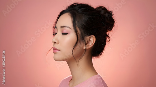 Elegant Beauty Portrait of Young Asian Woman on Soft Pink Background