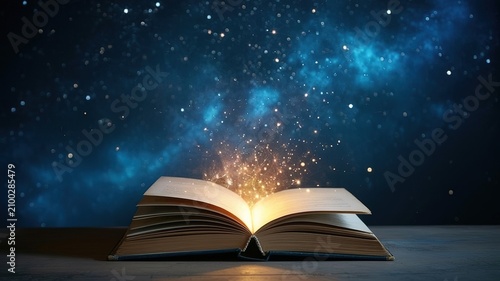 Open book with glowing magical light against a starry night sky background