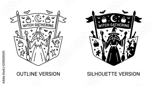 Konstfotografi Witch Gathering Emblem: A stylized emblem depicts a witch with a staff and broom, surrounded by mystical symbols and a banner proclaiming Witch Gathering