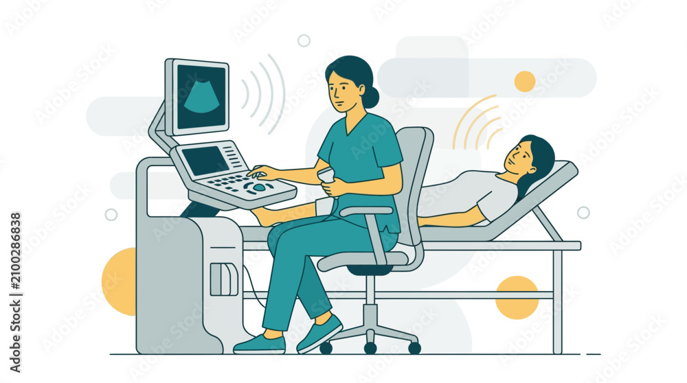Fototapeta premium Doctor performs ultrasound on patient with modern medical equipment, vector illustration